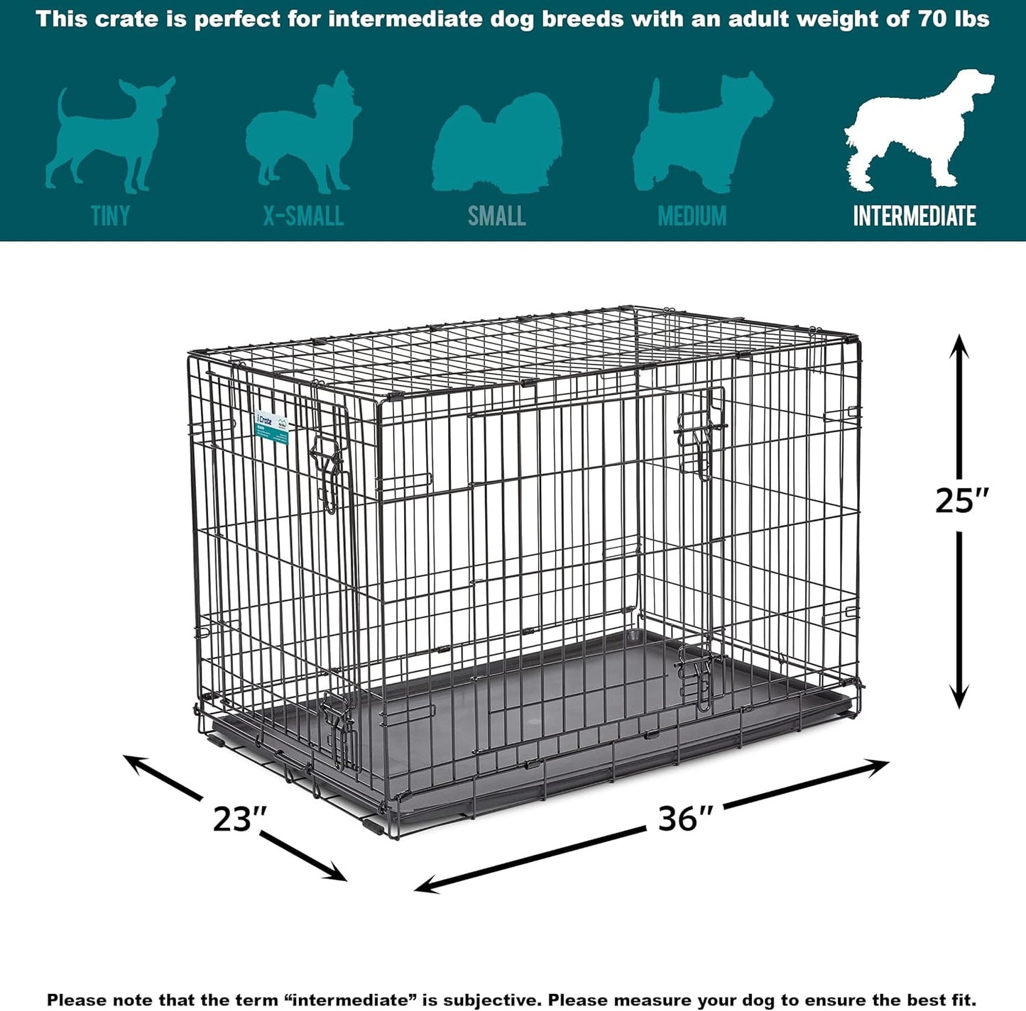 MidWest Homes for Pets 36-Inch Two-Door iCrate Folding Dog Crate with Divider Panel, Leak-Proof Tray & Secure Latches – Metal Wire Kennel for M-L Breeds – Portable, Durable & Easy to Assemble