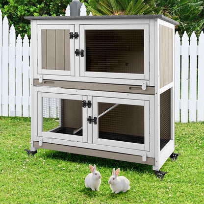 2 Story Rabbit Hutch Indoor & Outdoor, Wooden Rabbit Cage with 2 Leak-Proof Pull-Out Trays, 4 Wheels, Ramp, Chew-Anti Metal Strip for Rabbit, Guinea Pig, Hamster (36" L x 17.8" W x 36.7" H)