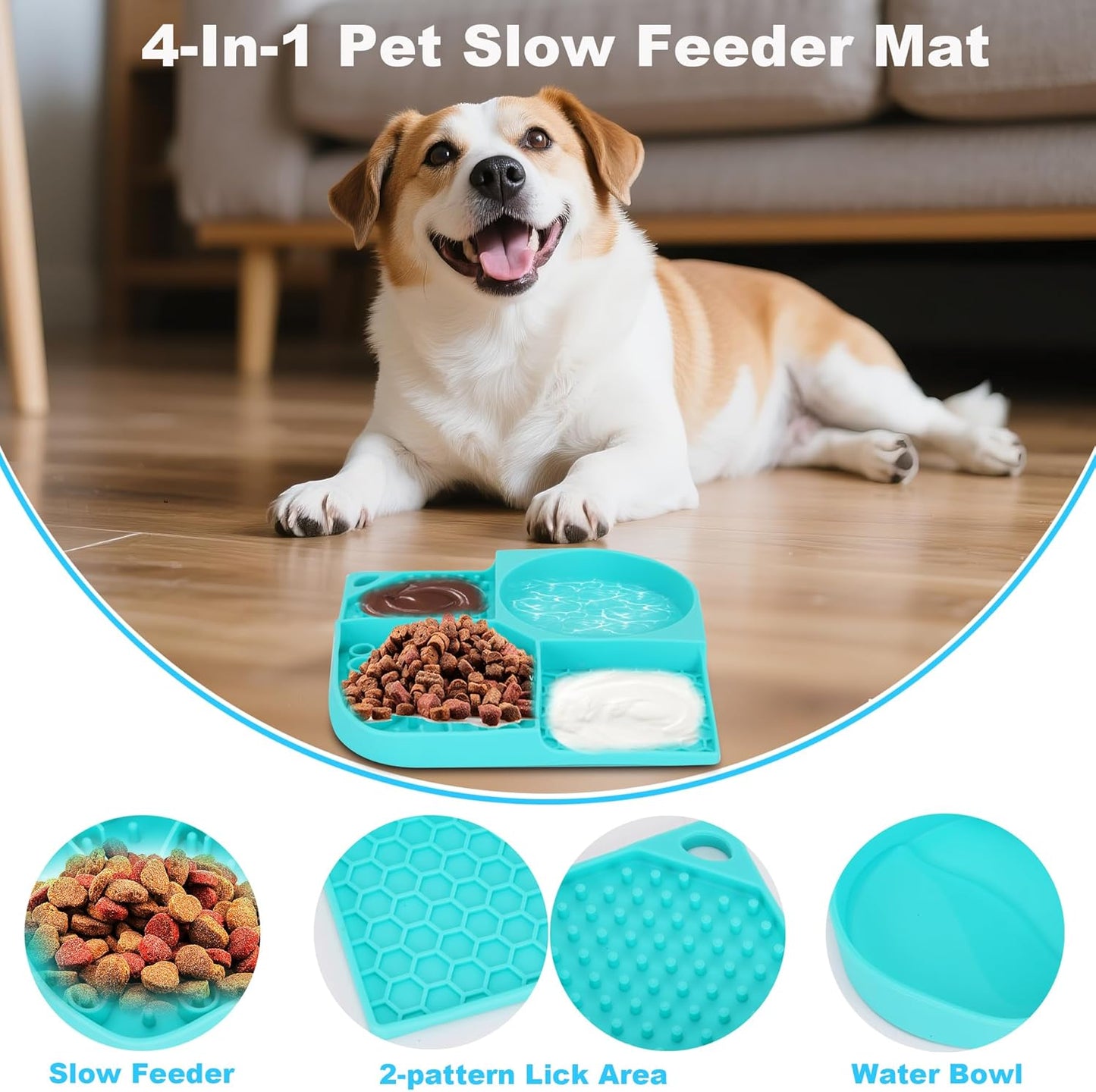 Lick Mat for Dogs, 4-in-1 Slow Feeder Bowl with Non-Slip Suction Cup, Food-Grade Silicone Lick Pads Perfect for Cat Anxiety, Fast Eating & Grooming(Aqua,8.26"x8.26")