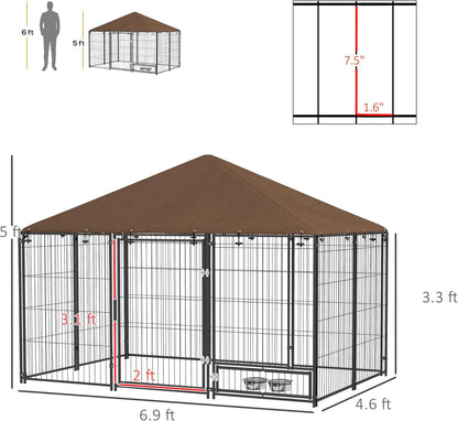 PawHut Outside Dog Kennel, 6.9' x 4.6' x 5' Puppy Play Pen with Canopy, Garden Playpen Fence Crate Enclosure Cage Rotating Bowl, for Dogs, Chickens, Ducks, Black