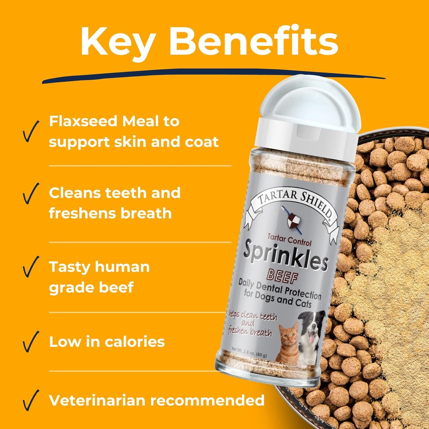 Tartar Shield Dental Sprinkles | Dog & Cat Food Topper Additive | Fights Tartar Plaque & Bad Breath Cleans Teeth & Gums | Pet Oral Health Support | USA Made | Low Calorie Human-Grade Beef