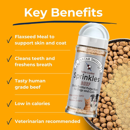 Tartar Shield Dental Sprinkles | Dog & Cat Food Topper Additive | Fights Tartar Plaque & Bad Breath Cleans Teeth & Gums | Pet Oral Health Support | USA Made | Low Calorie Human-Grade Beef