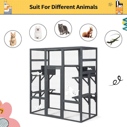 COZIWOW Large 70inches Outdoor Catio, Indoor Cat Cage House with Waterproof Roof, 5 Perches & 2 Condos, Spacious Wooden Cat Enclosure for 2-3 Cats, Stable & Breathable (Grey)