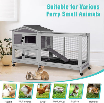 62" Rabbit Hutch with Chew-Proof Ramp & Waterproof Roof - Indoor/Outdoor Bunny Cage, 2-Story Design, 6 Lockable Caster Wheels & Dual Pull-Out Trays (Grey)