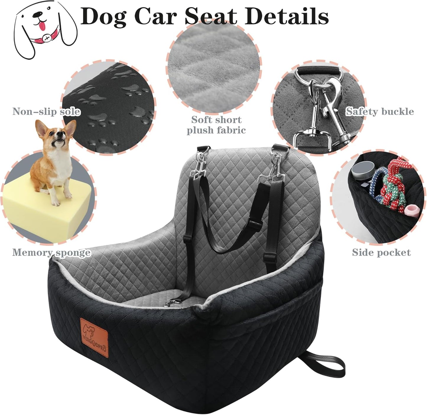 Dog Car Seat for Small Dogs,2 Adjustable Safety Puppies Leashes,Memory Foam with Soft Fabric Pets Travel Car Bed with Non-Slip Bottom,Easily Installed in Front and Back Seats,Removable and Washable.