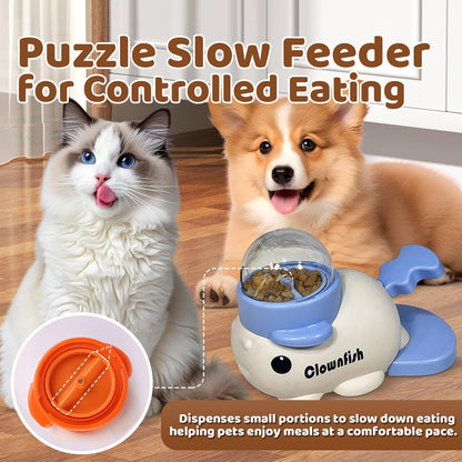 Interactive Clownfish Dog Treat Dispenser Toy with Spinning Tail, Puzzle Slow Feeder for Dogs & Cats, Treat Dispensing Food Puzzle Feeder, Includes Cleaning Cloth & Brush (Blue)