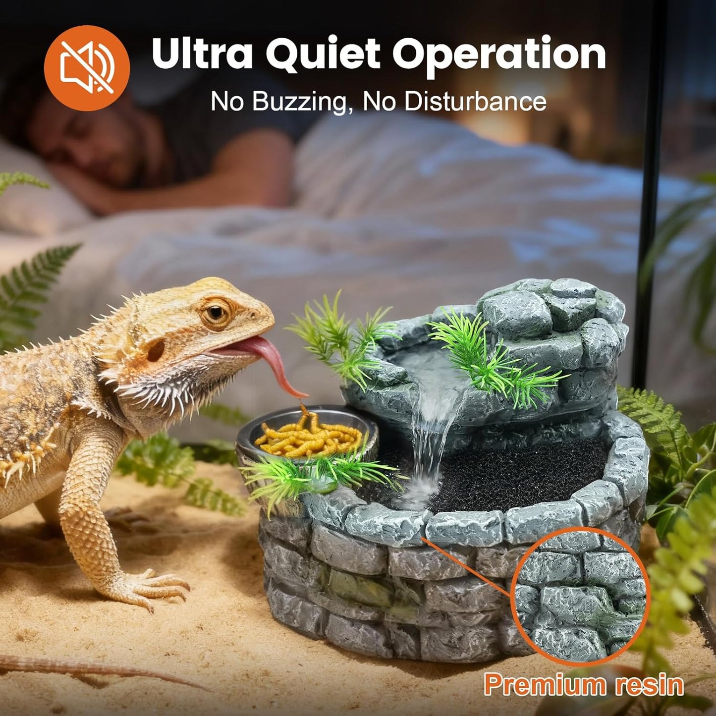 MIXJOY 2 in 1 Reptile Water Fountain with Food Dish 550ML, Terrarium Reptile Waterfall Drinking Fountain, Reptile Water Dispenser for Bearded Dragon Gecko Tree Frog Turtle Chameleon Leopard Lizard