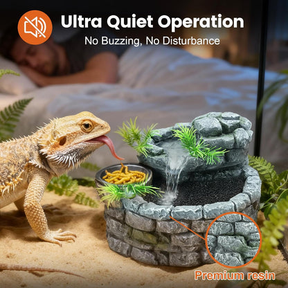 MIXJOY 2 in 1 Reptile Water Fountain with Food Dish 550ML, Terrarium Reptile Waterfall Drinking Fountain, Reptile Water Dispenser for Bearded Dragon Gecko Tree Frog Turtle Chameleon Leopard Lizard