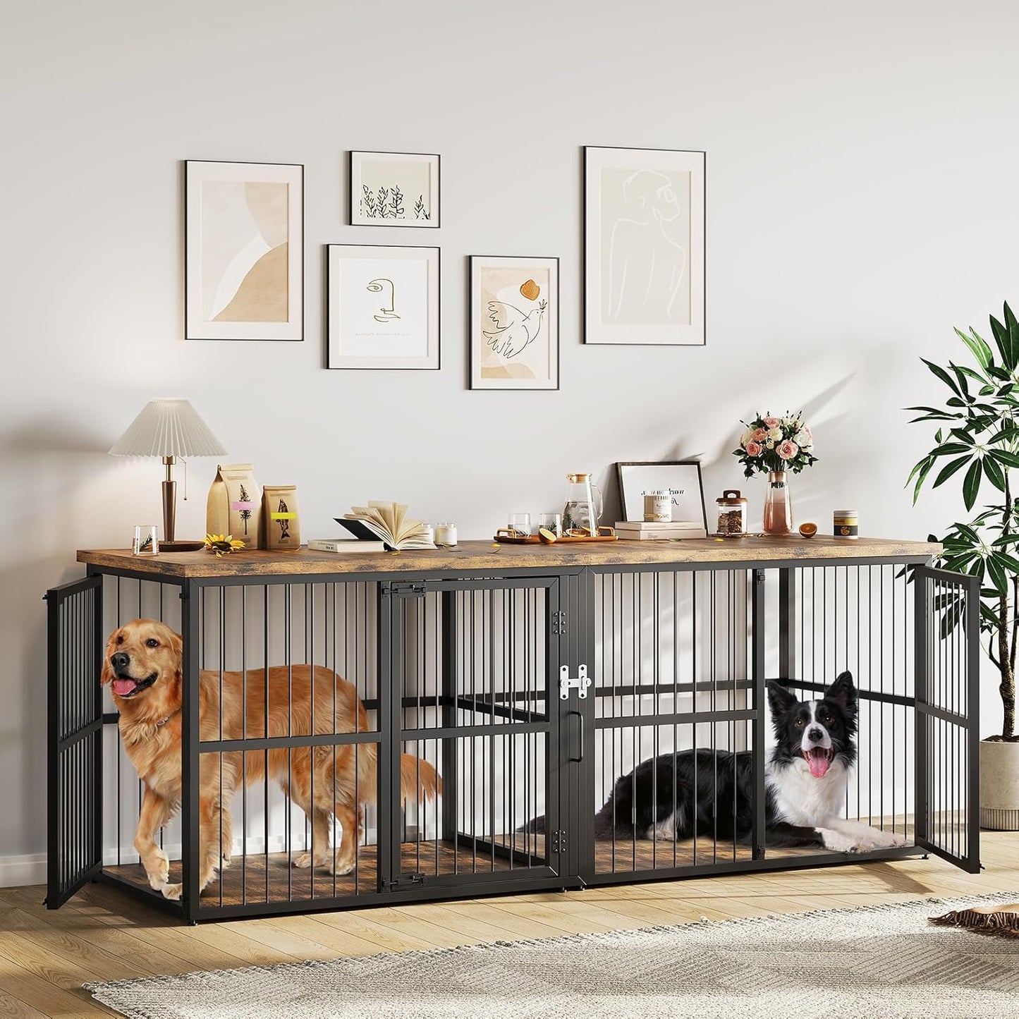 Garvee 87 in Extra Large Double Dog Crate Furniture with Divider, Heavy Duty Indoor Double Dog Cage with 3 Doors, XXL Wooden Pet House TV Stand for 2 Pets, Black+Brown