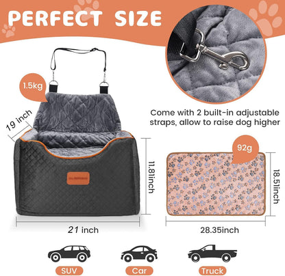 Memory Foam Booster Dog Car Seat with Washable Removable Cover, Elevated Pet Car Seat, Anti-Slip Sturdy Booster Seats for Small Dogs 35lbs, Seat Belt, Storage Pocket, Dog Blankets