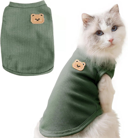 Waffle Knit Cat & Dog T Shirt for Small Dogs, Stretchable Puppy Shirt for Sphynx Cats & Small Breeds, Pet Clothes | Breathable Summer/Winter Apparel for Newborn(Green Large)
