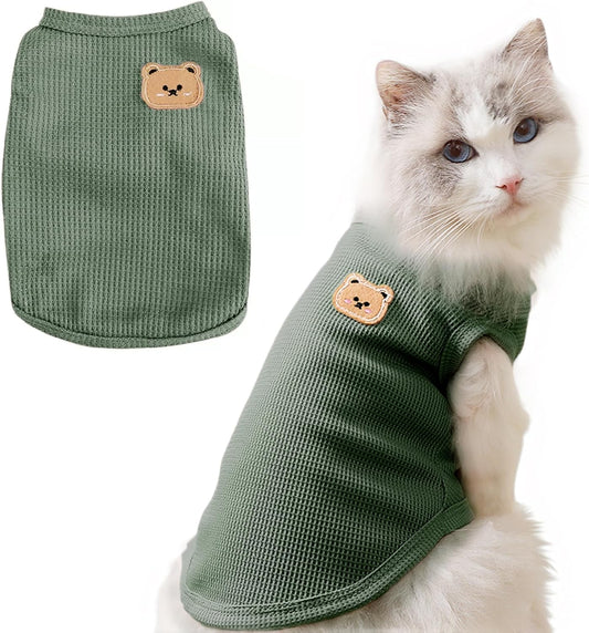 Waffle Knit Cat & Dog T Shirt for Small Dogs, Stretchable Puppy Shirt for Sphynx Cats & Small Breeds, Pet Clothes | Breathable Summer/Winter Apparel for Newborn(Green Large)