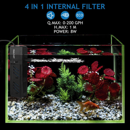 Submersible Aquarium Internal Filter 8W, Adjustable Fish Tank Filter with 200 GPH Water Pump for 10-50 Gallon Fish Tank Black