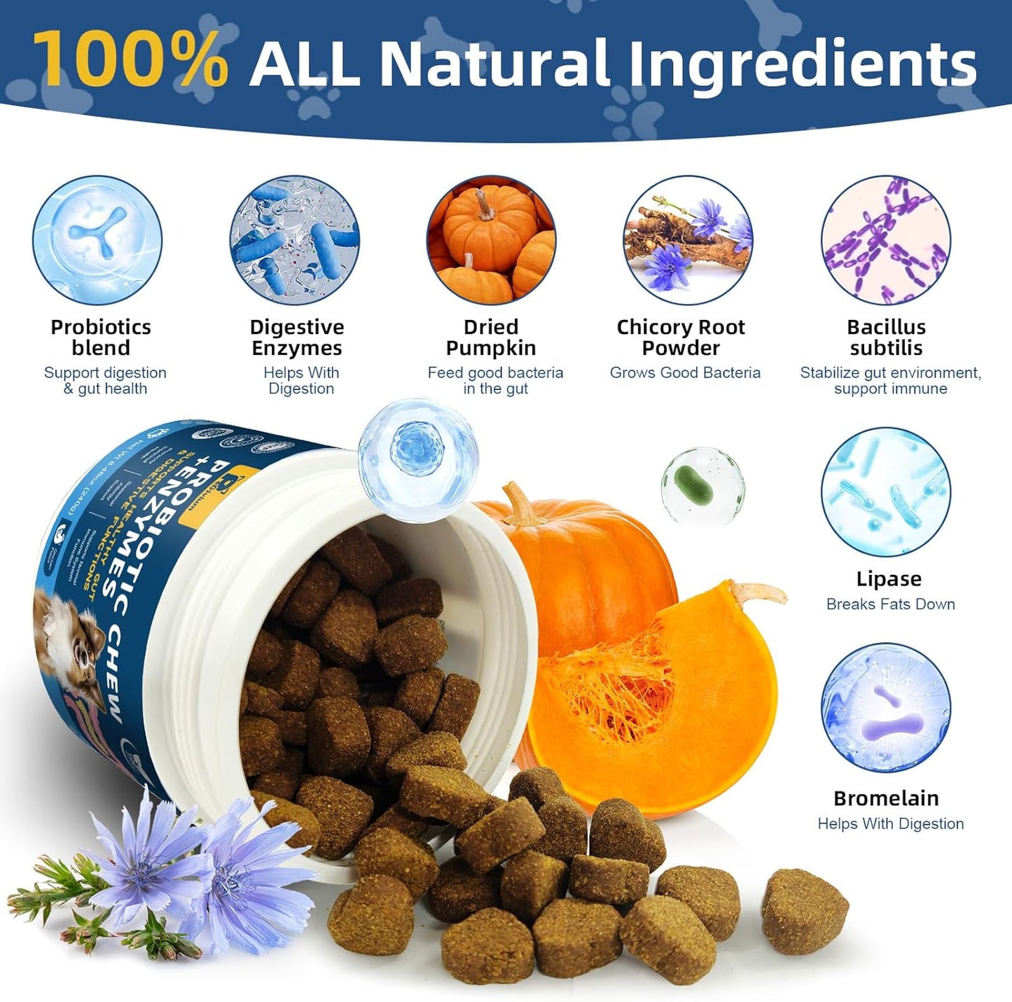 Probiotics for Dogs with Enzymes & Fiber Blend Supports Gut Health, Yeast Balance, Allergies, Itchy Skin, Boost Immune - Natural Probiotic Supplement for Digestive, Diarrhea, Gas, Constipation,120Ct