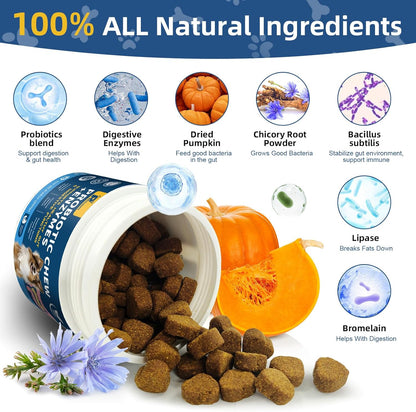 Probiotics for Dogs with Enzymes & Fiber Blend Supports Gut Health, Yeast Balance, Allergies, Itchy Skin, Boost Immune - Natural Probiotic Supplement for Digestive, Diarrhea, Gas, Constipation,120Ct