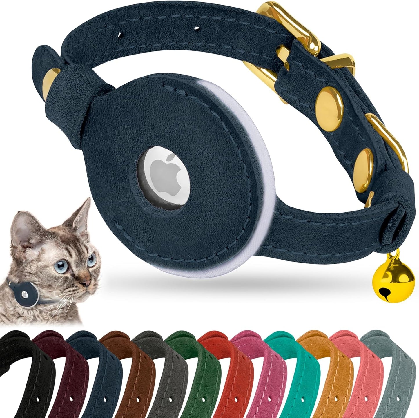 OOPSDOGGY Reflective Leather AirTag Cat Collar with Bell - Non Breakaway Adjustable Pet Collar with Apple Air Tag Holder - Lightweight GPS Kitten Collars for Small Dogs Puppy (Blue)