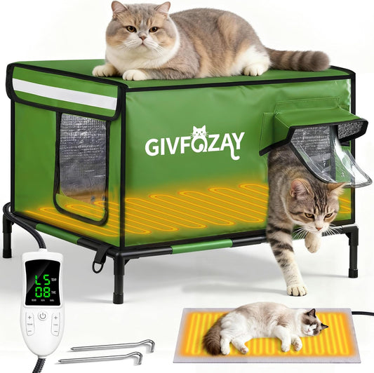Heated Cat House for Outside Use 900D Oxford Cloth, Outside Cat House Weatherproof with Remote Control Heated Pad, Insulated Cat Houses with Removable Feet to Isolate Moisture, Against Extreme Weather
