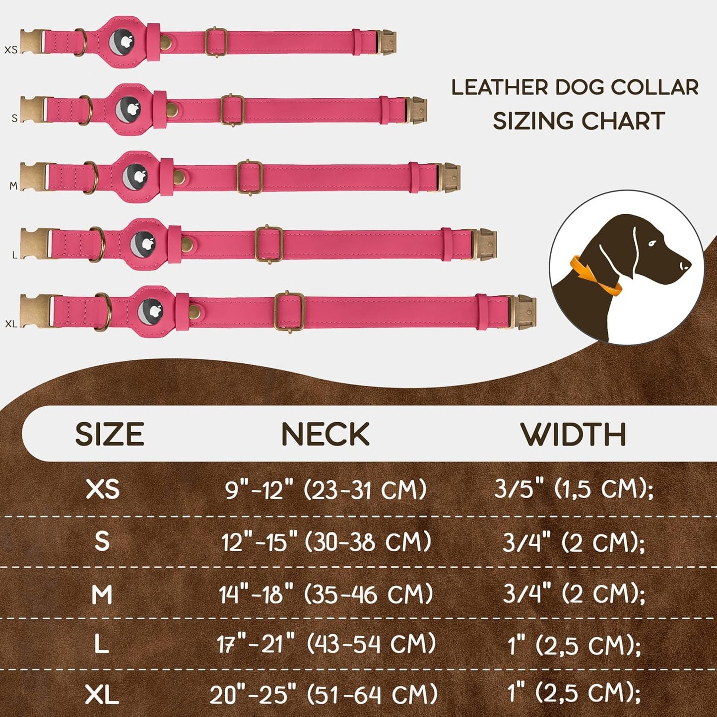 AirTag Dog Collar - Genuine Leather Dog Collar with Apple AirTag Holder and Metal Buckle - Smart GPS Tracking Pet Collars (Pink, L, 17"-21" Neck Fit)