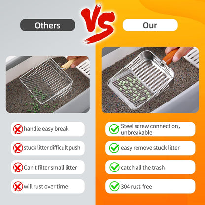 304 Stainless Steel Cat Litter Scoop with Holder Stand, One-Piece Pressed Design with No Weld Spots, Durable Anti-Break Handle, Dual Slot Sizes, Easy to Clean, Filters Small Litter Clumps