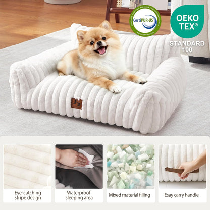 Cat Couch for Pets, Cute Small Dog Couch Bed with Cozy Soft Faux Rabbit Fur for Small Dogs, Fuzzy Dog Couch for Indoor Cats, Supportive Pet Sofa with Removable Washable Cover, Cream, 30"