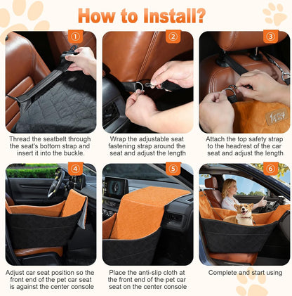 Elevated Dog Car Seat, Dog Booster Car Seats for Small & Medium Breeds Up to 35lbs, Fully Detachable and Washable, Memory Foam Pet Carseat with 2 Storage Pockets & 3 Safety Belts, Black + Brown