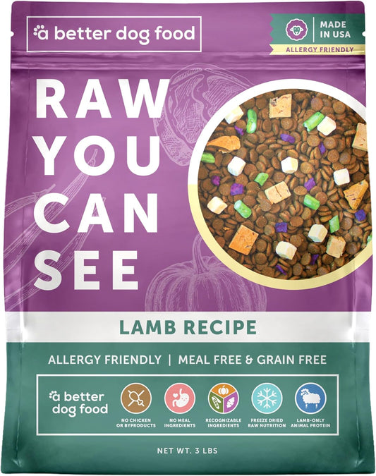 A Better Treat | Allergy Friendly Lamb Dry Dog Food | Raw You Can See | No Chicken, Lamb Only Animal Protein, No Meal Ingredients, Grain Free | Stomach Soothing Kibble + Freeze Dried Raw Dog Food