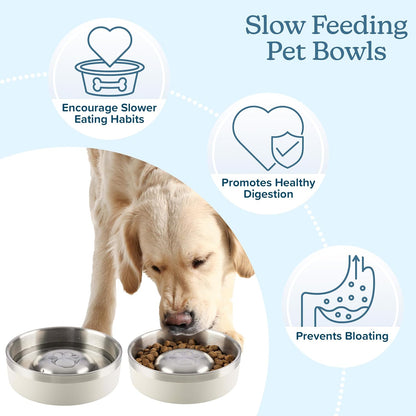 Set of 2 Stainless Steel Slow Feeder Dog Bowls - 30oz Double Wall Insulated Food and Water Bowls for Dogs - Non Slip Metal Pet Dishes for Small-Medium Sized Pets PETMAKER (Cream)