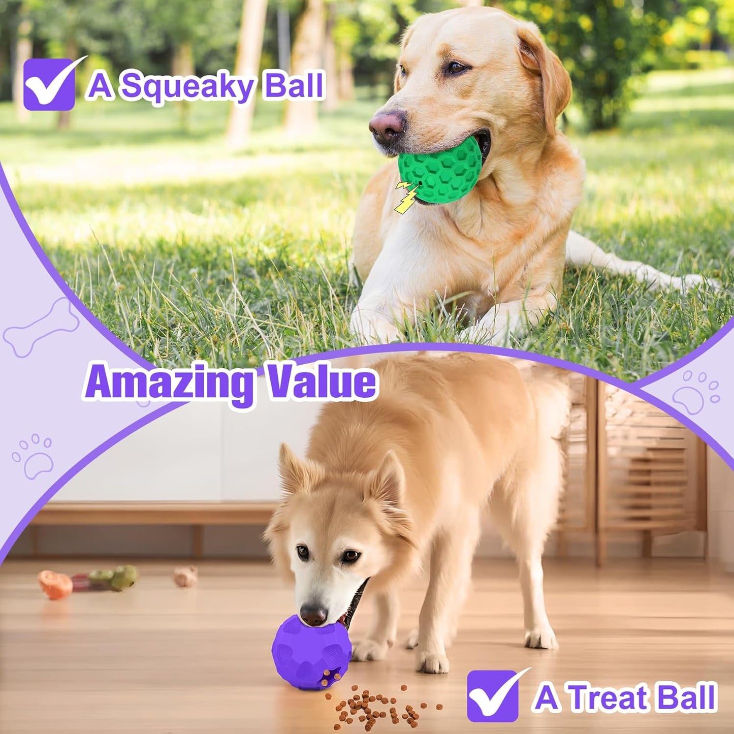2 Pack Interactive Dog Toys for Aggressive Chewers, 3.15”Squeaky Balls for Dogs and 3.54” Treat Dispensing Dog Toys, Squeaky Dog Balls for Large Dogs,Treat Puzzle Toy,Indestructible Toy Ball