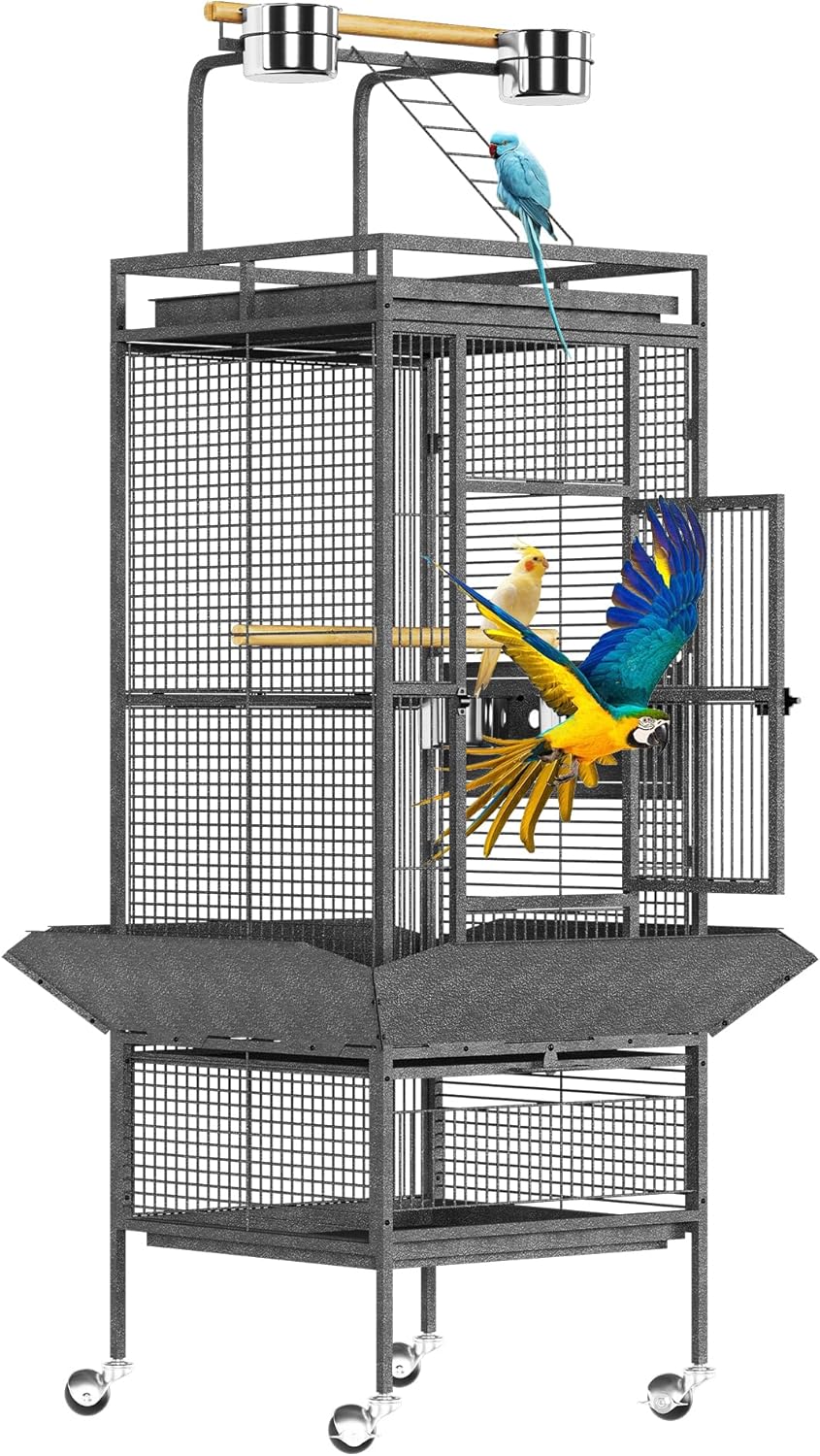 Spacious 61 Inch Metal Bird Cage with Play Top – Rolling Stand, Feed Bowls, Easy Clean, Secure Lock – Ideal for Parakeets, Conures, Cockatiels, Cockatoos, Exploding Silver