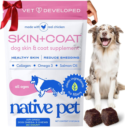 Native Pet Omega Skin and Coat Chews for Dogs - Dog Skin and Coat Supplement for Healthy, Shiny Fur, Reduce Shedding and Dry Spots - Made with Omega 3 Fish Oil and Wild-Caught Salmon Oil - 30 Chews