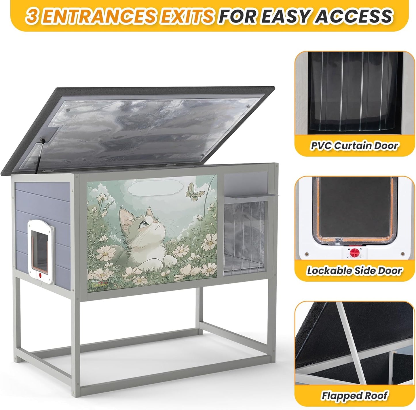 Insulated Warm Outdoor Cat House & Condos, Raised Weatherproof Kitten Shelter for Outside with All-Round Foam, Feral Cat Wooden Enclosure for Small Medium