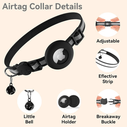Airtag Cat Collar Breakaway, Adjustable Reflective Kitten Cat Collar with Apple AirTag Holder and Bell for Cats and Puppies (Black)