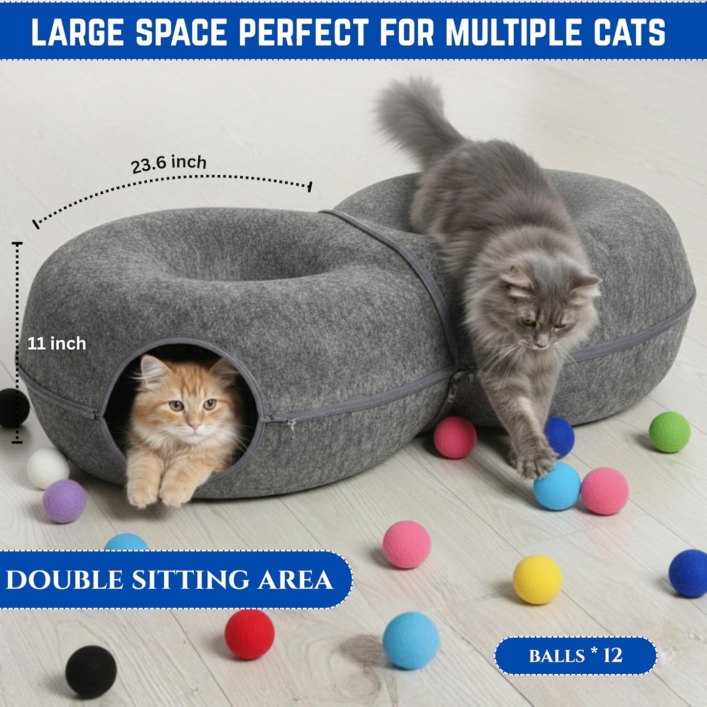 Trivon Peekaboo Cat Cave & Tunnel Bed for Large Cats up to 45lbs, Cozy Indoor 8-Shaped Donut Hideaway Bed with 12 Toy Balls, Bonus Bird Toy and Toy Gun, Scratch-Resistant, Detachable & Washable Design