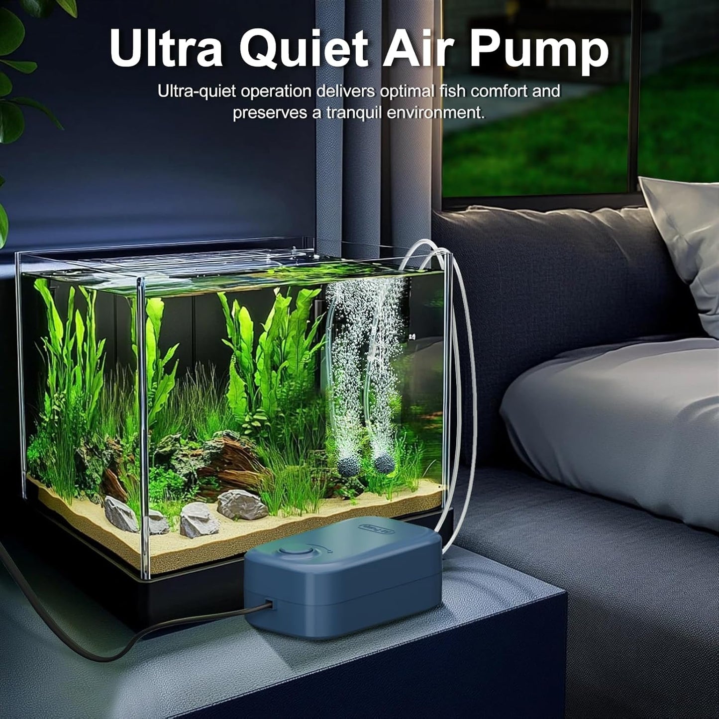 Aquarium Air Pump, Dual Outlet Quiet Oxygen Aerator Pump for Fish Tanks, Adjustable Air Valve Complete Bubbler Kit for Small Aquariums