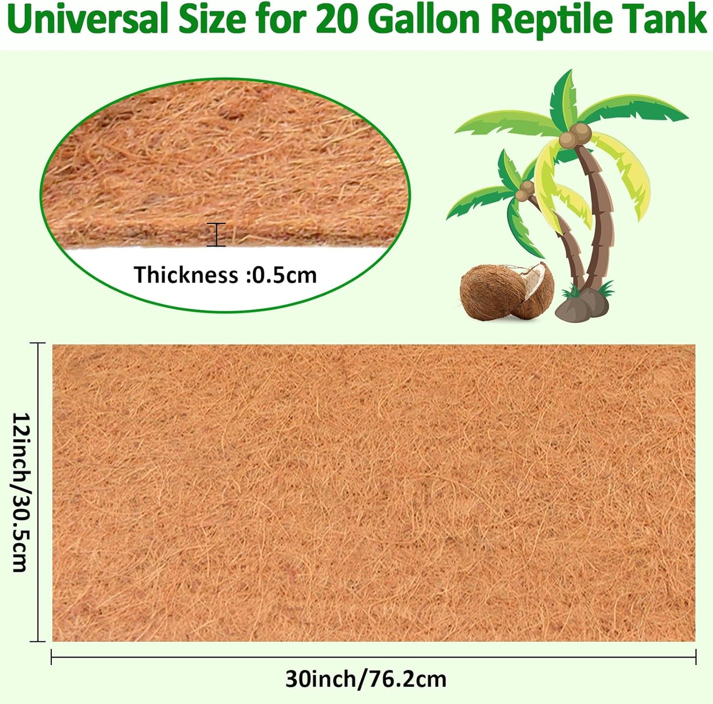 Halatool 12″×30″ Reptile Carpet for 20 Gallon Reptile Tank, 2 Pack Coconut Fiber Mat Thick Terrarium Bedding Cage Liner Tortoise Habitat Accessories for Turtles Lizard Bearded Dragon Leopard Gecko