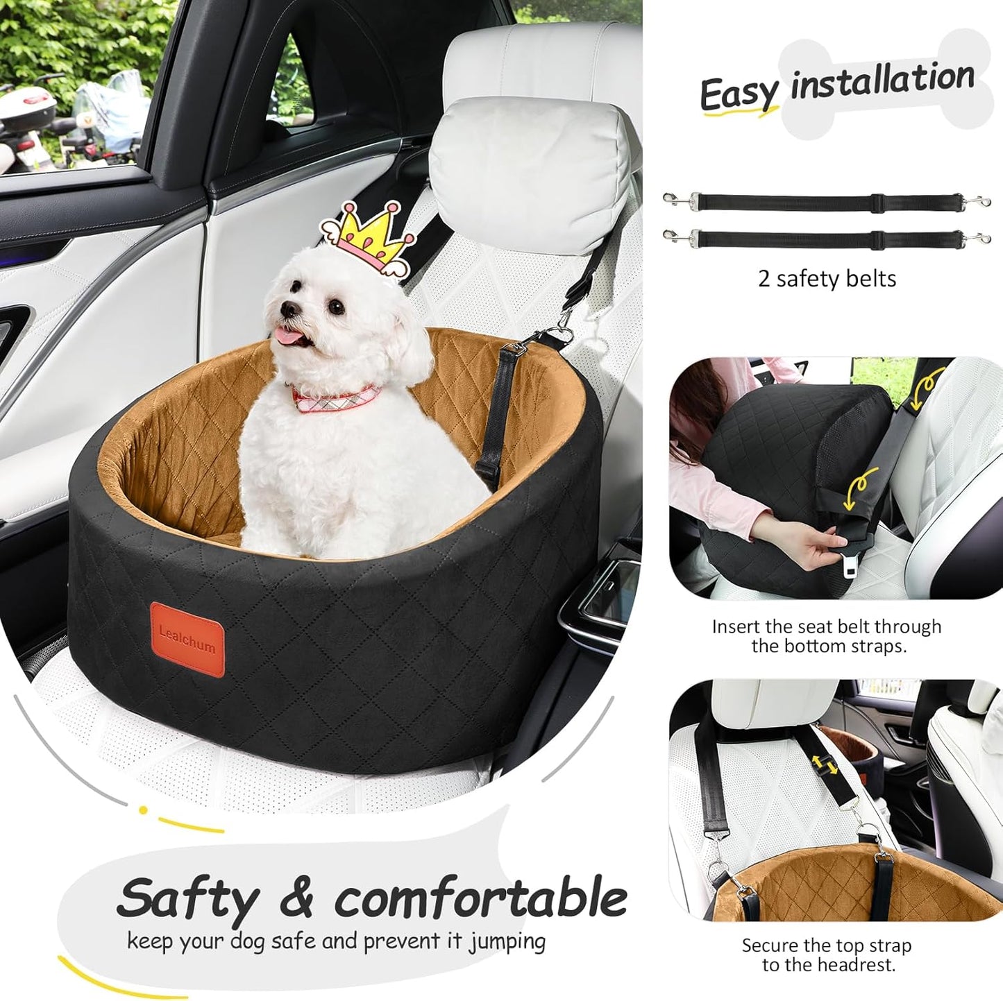 Dog Car Seat for Small Dogs Up to 30 Lbs,Ultra Soft Fabric Fill in Comfy Memory Foam,Happy Pet Ride,2 Safety Dog Leashes,Fully Detachable and Washable,Anti Slip Base(Black/Coffee)