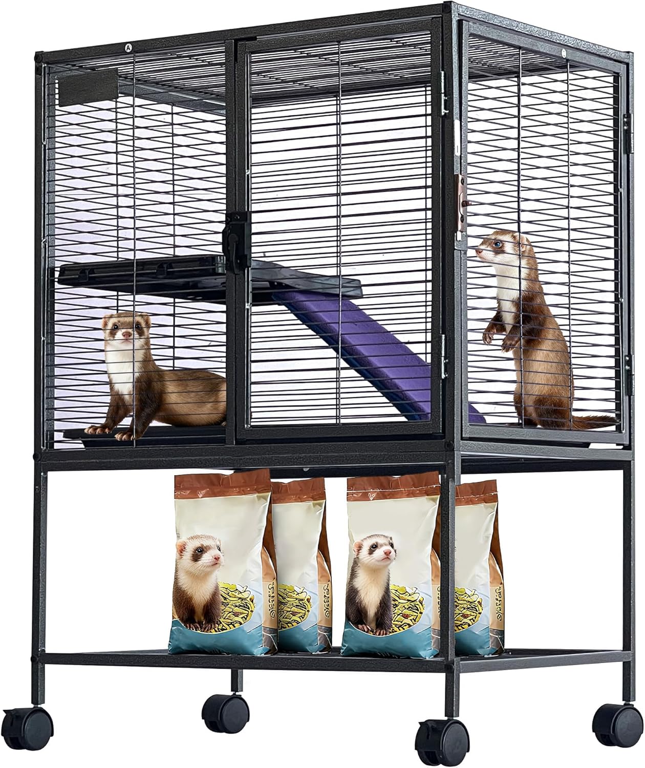 34 Inch High Small Animal Cage for Ferrets, Chinchillas, Hedgehogs - 4 Tier Large Hamster Cage with Removable Ramp, Comfortable Hammock, Extra Storage Stand, and Easy-to-Clean Removable Tray