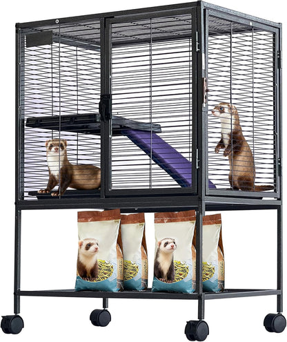 34 Inch High Small Animal Cage for Ferrets, Chinchillas, Hedgehogs - 4 Tier Large Hamster Cage with Removable Ramp, Comfortable Hammock, Extra Storage Stand, and Easy-to-Clean Removable Tray
