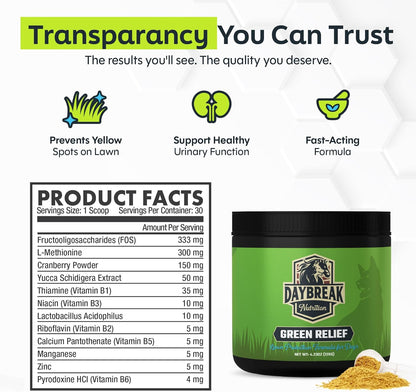 Green Relief Dog Urine Neutralizer for Lawn - Natural Grass Saver Powder Supplement with L-Methionine, Cranberry & Probiotics - Prevents Yellow Patches from Dog Pee - Made in USA