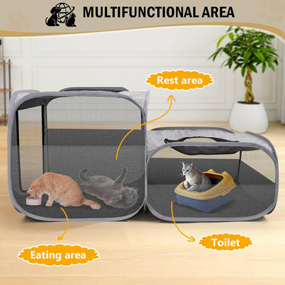 Large Outdoor Cat Playpen, Foldable 2-in-1 Zone Waterproof Cat Enclosure Puppy Pen for Outdoor Use, Portable Pet Playpen with Soft Sides, Great for Gardens, Camping, Backyard