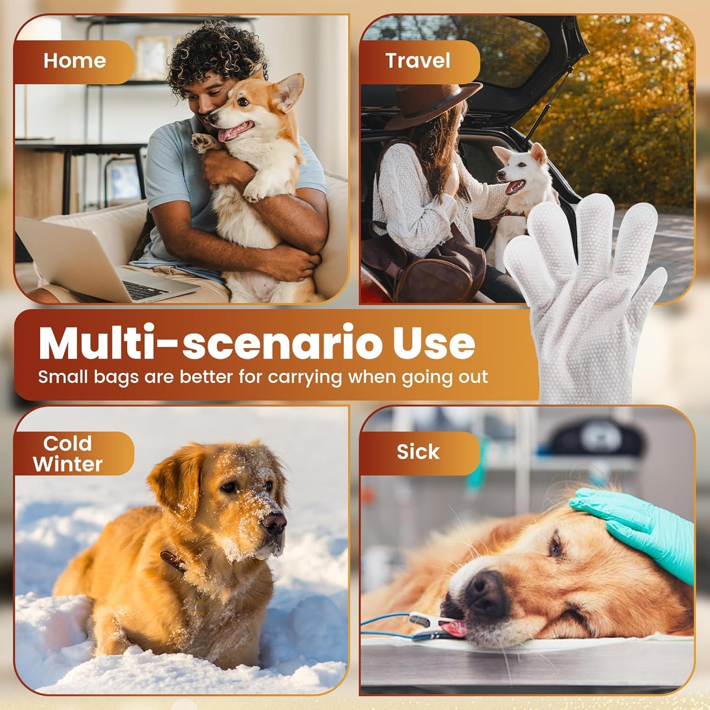 Pet Glove Wipes for Dogs Cats, Dog Cleaning Gloves, Dog Wipes Cleaning Deodorizing, Pet Wipes for Dogs Cats, Extra Thick, Unscented Rinse Free Nourish Fur Glove Wipes for Daily Care and Traveling-6pcs