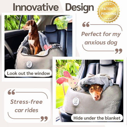 Dog Car Seat for Small Dogs & Puppies, Memory Foam Booster Carseat, Luxury Cozy Cover Cave Bed & Attachable Blanket & Free Toy, Washable, for Front & Back Seat, Small Dogs & Pets Under 30lbs