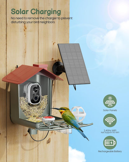 Smart Bird Feeder with Camera Outdoor: Solar Birdfeeder Cam for Outside Garden - 2K HD Live Video Camera AI Recognition Visible Window Auto Capture - Bird Lover Gifts