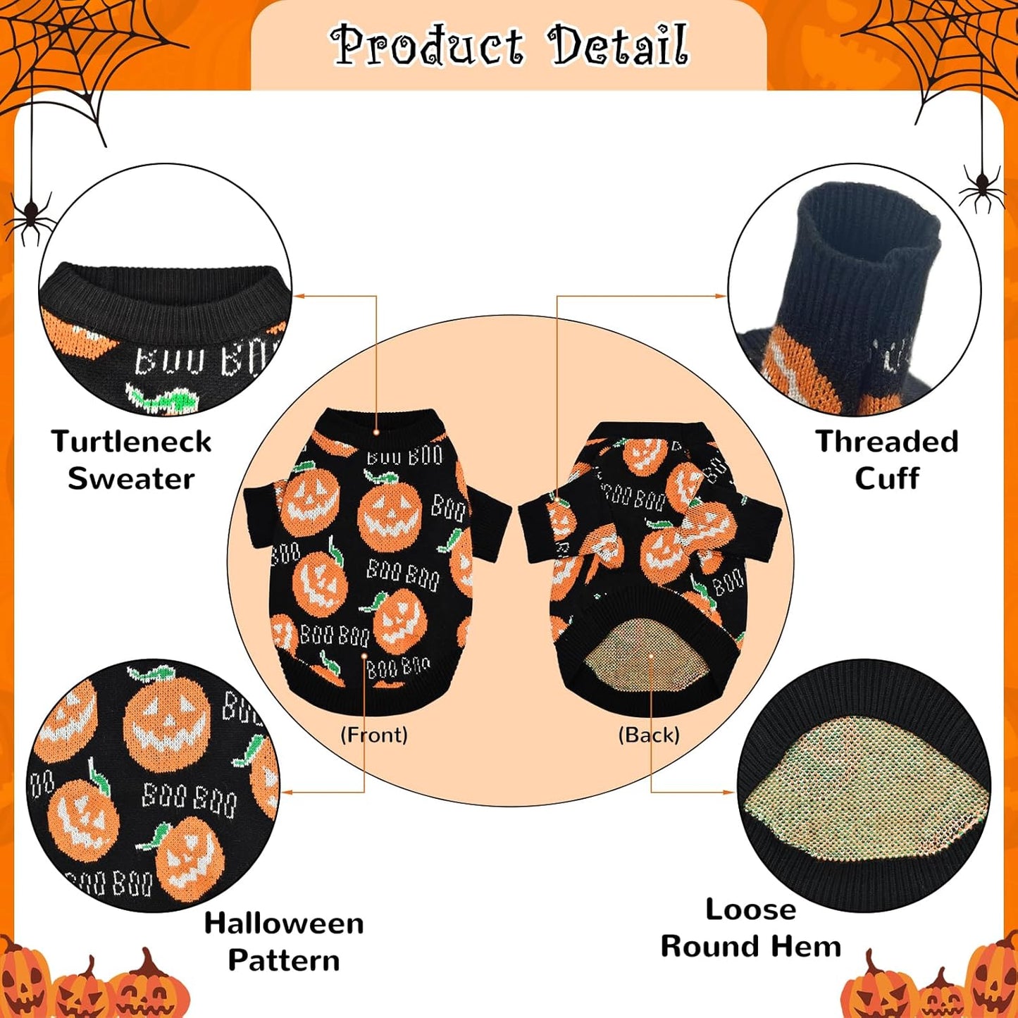 Pet Puppy Dog Halloween Sweater Cat Pumpkin Knitwear Clothes Costume with Cute Boo Pattern Halloween Sweater Coat for Kittens Small Dogs Cats S