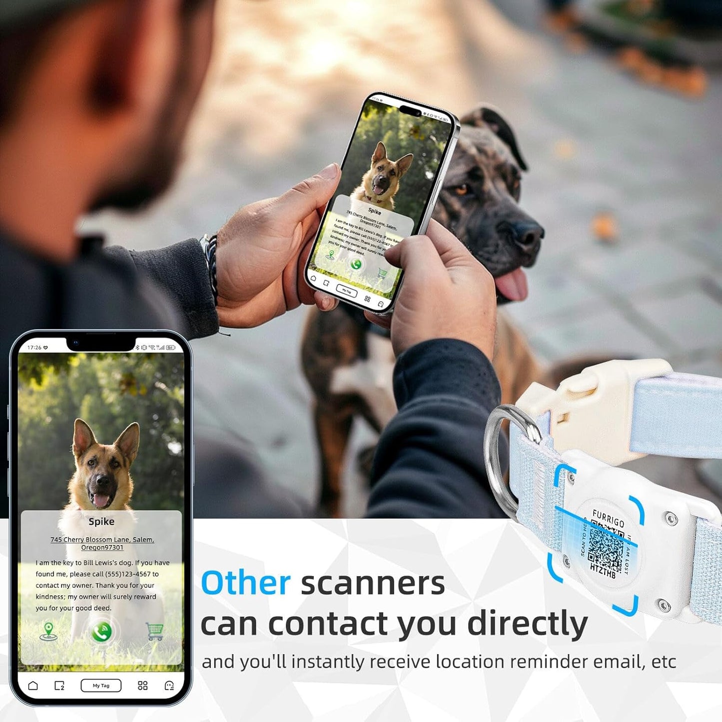 Airtag Dog Collar QR Code - IP68 Waterproof Integrated Air Tag Dog Collar Holder ID Tag - Free Pet Online Profile - Durable Natural Cotton Hemp - Fits for Small Medium Large Dogs (Blue, L)