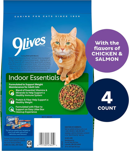 9Lives Indoor Essentials Dry Cat Food for Adult Cats with Chicken & Salmon Flavors, 3.15 lb. Bag (Pack of 4)