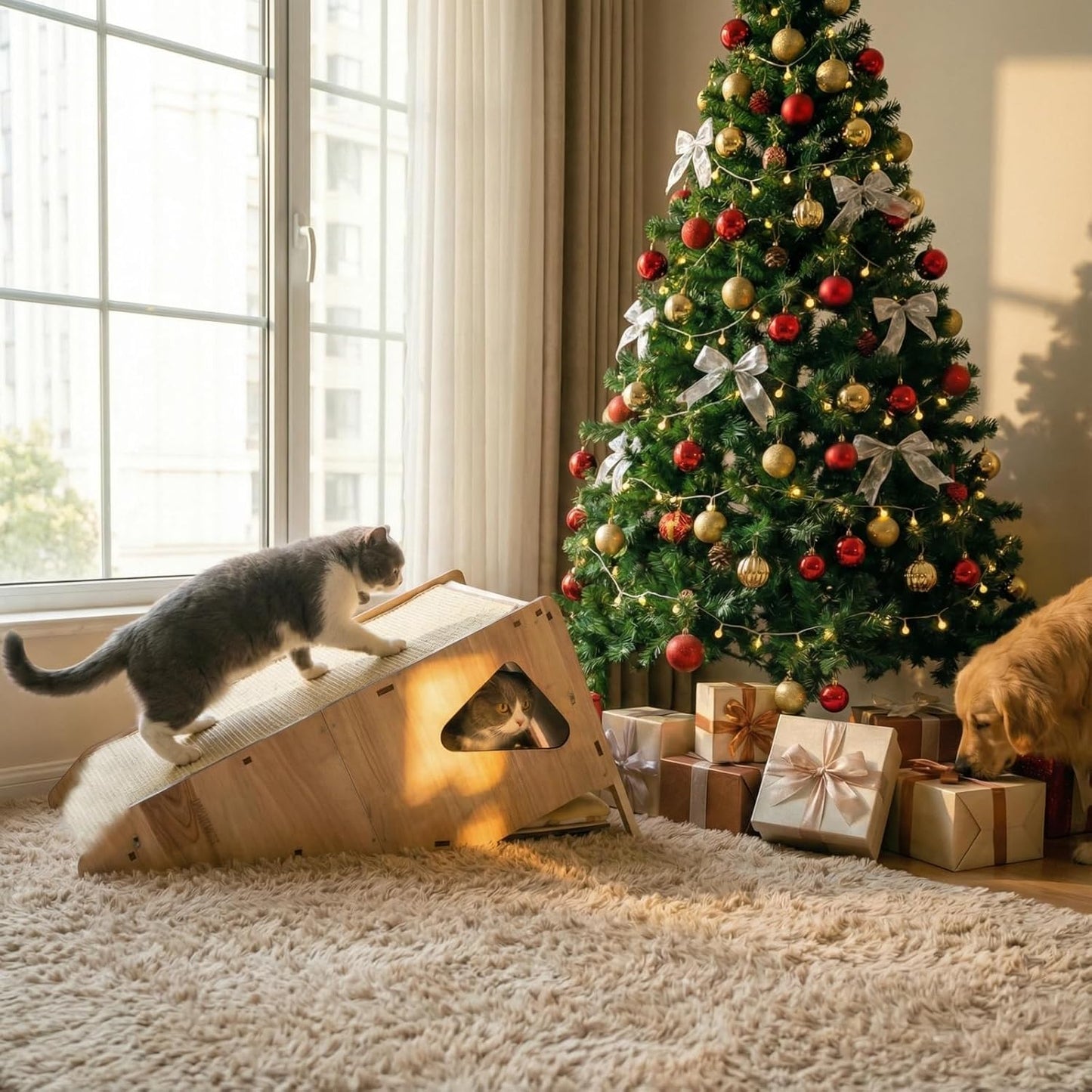 Cat Scratching Post Set: Enhanced Wood-Framed Cat Scratch Post (24in) + Cat Scratch Protector Pads (Beige)