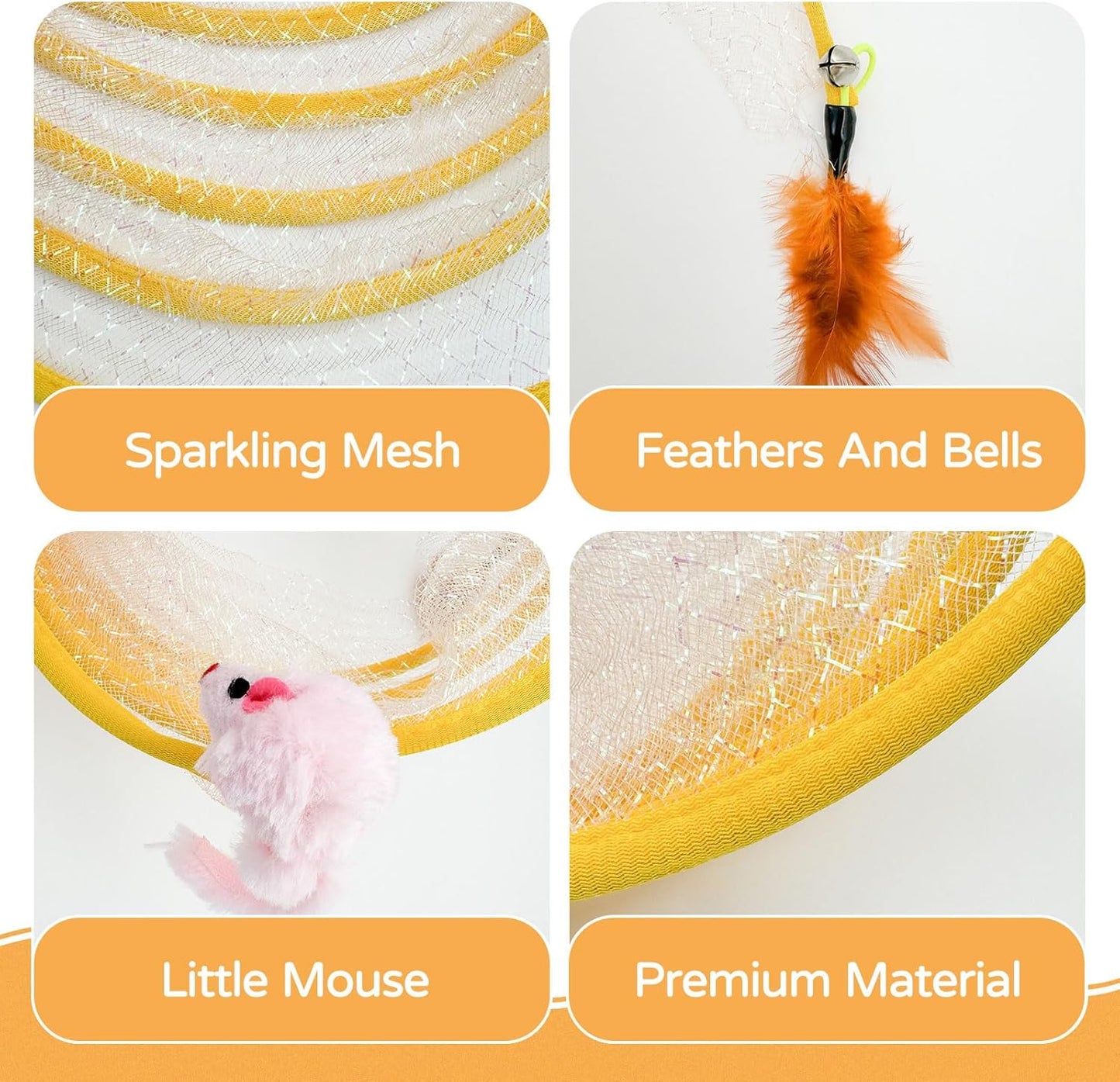 Andiker Cat Tunnel Toy, 10inch Collapsible Metal Cat Spring Toy with Nylon Mesh, Feather, Mouse, and Bell, Interactive Cat Toys for Indoor Cats to Scratch, Puzzle, Relax and Kill Time (Mouse)