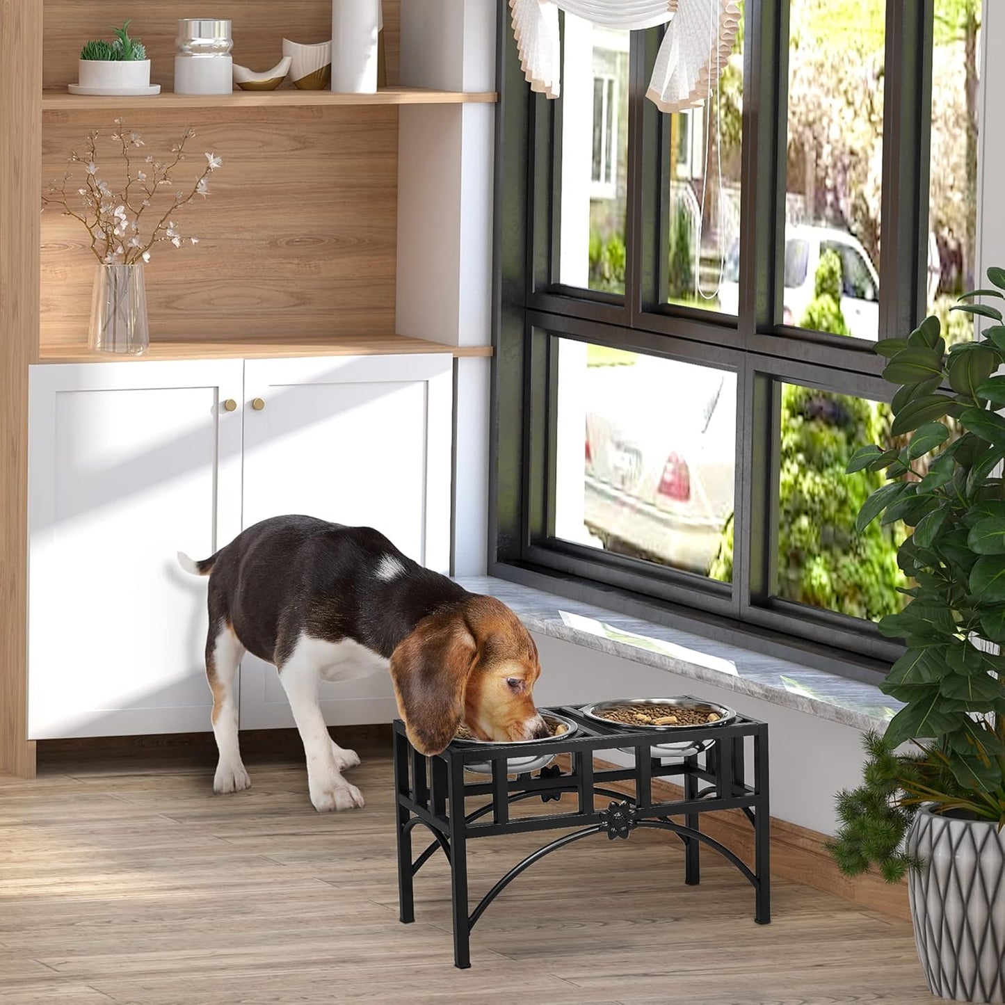 GREAZ Elevated Stainless Steel Dog Food Bowl Station for Medium Dogs, Heavy Duty Design, Non-Slip Easy Clean, Black