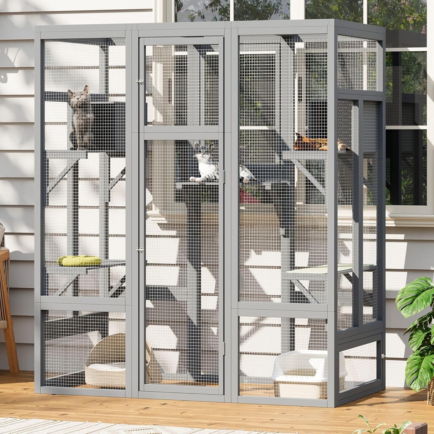 70 Inch Catio Outdoor Cat Enclosure, Large Cat House for Outdoor Cats with Enhanced Security Structure, Outside Cat Patio Cattery Weatherproof for Multiple Indoor Outdoor Cats, Grey